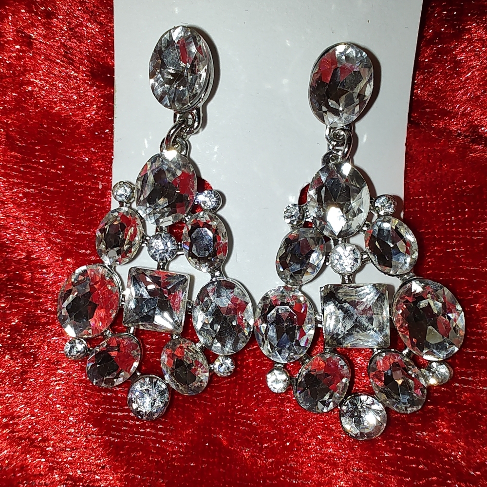 Beautiful 2-in Long Silver Tone Clear Rhinestone Bold Pierced Earrings
